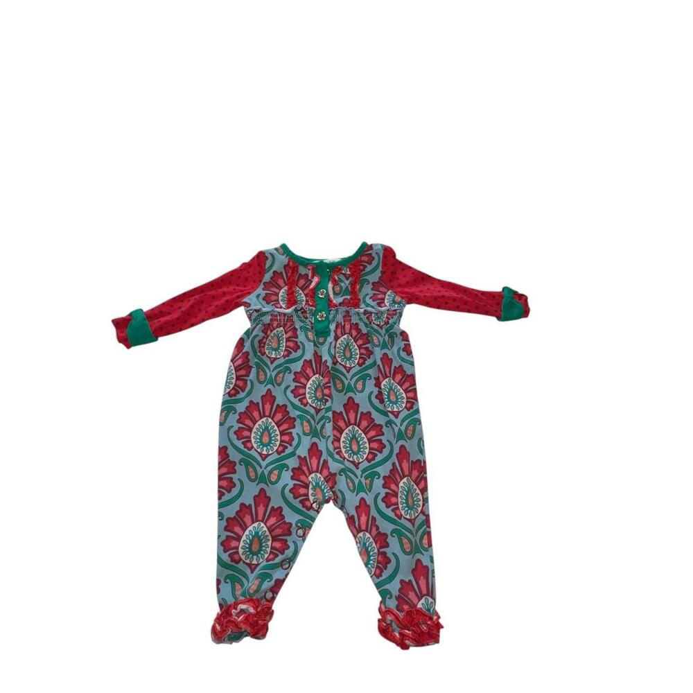 Matilda Jane 0-3M "Better‎ Not Pout" Red Teal Holiday Floral Ruffle Romper